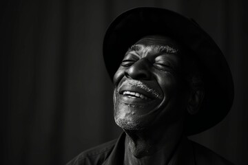 Black and white portrait of a smiling elderly man wearing a hat, with a joyful expression, against a dark background.
