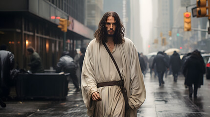 the lord of the ring jesus on a street in new york city - obrazy, fototapety, plakaty