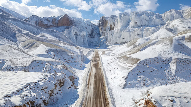 Snowy Mountain Road Hazardous Path, road adventure, path to discovery, holliday trip, Aerial view