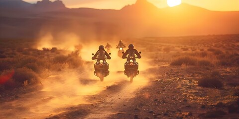 Motorcycle riders cruising down a dirt road at sunset in a scenic outdoor setting. Concept Motorcycle Riding, Sunset Scenery, Dirt Road Adventure
