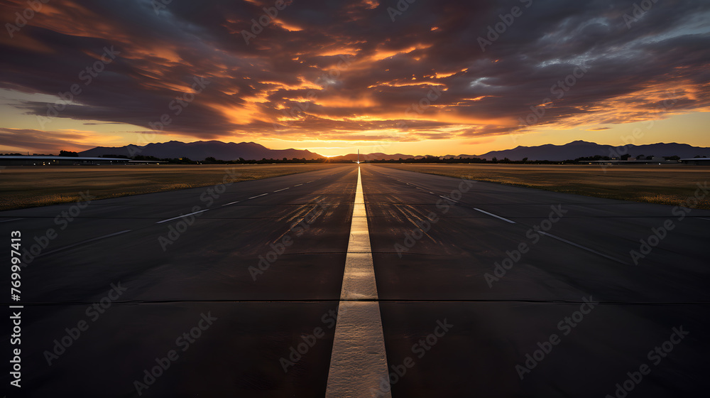 Poster the sun is setting over an empty runway
