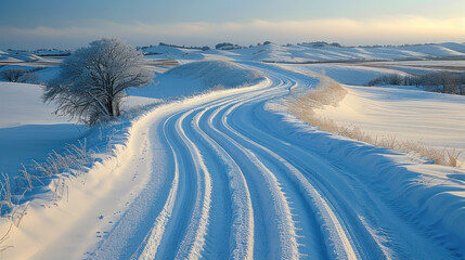 Snowy Country Road Aerial Capture, road adventure, path to discovery, holliday trip, Aerial view