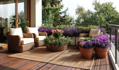 A balcony with flower pots and green plants, coffee table and chairs