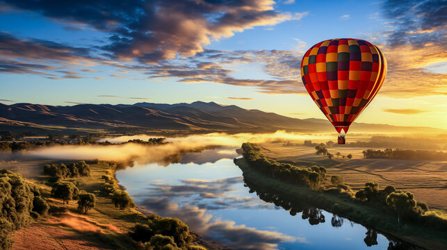 Hot air balloon gently drifts over a misty river valley at dawn, capturing the tranquility and beauty of a new day's first light—ideal for inspiration and travel themes