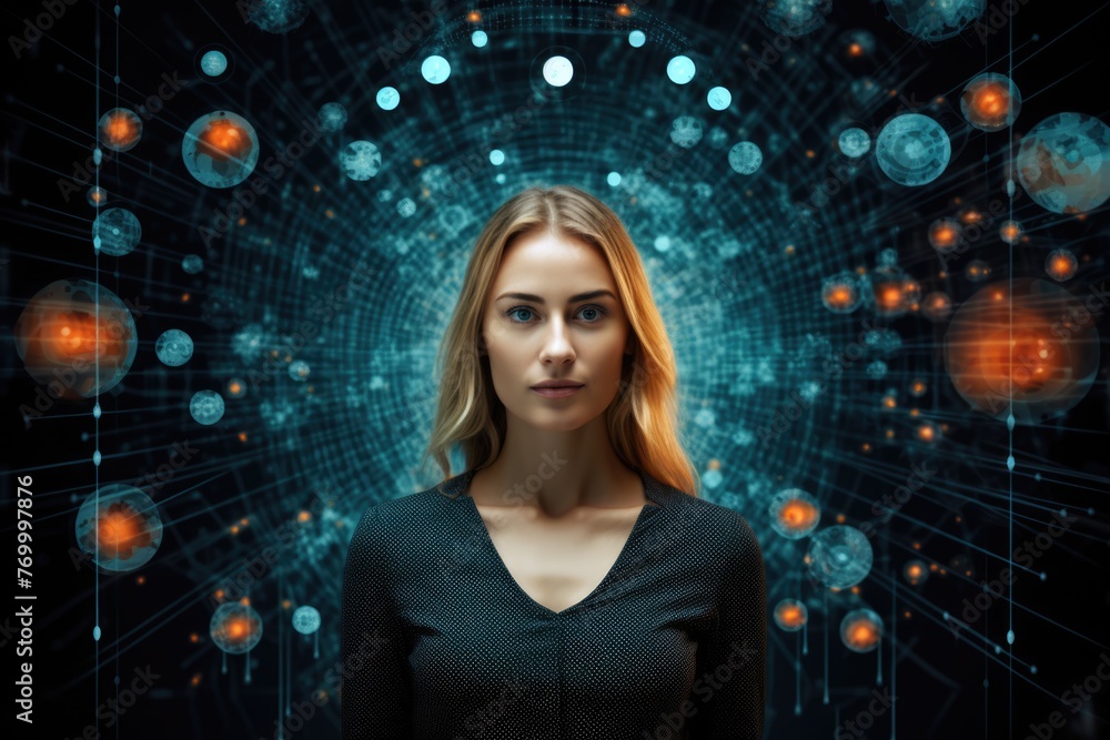 Poster tech analyst study cyber data chart from corporate system for statistical analytic defining marketin