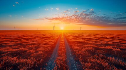 Naklejka na ściany i meble Striking sunset paints the sky and a vast field in hues of crimson, with a straight path leading to wind turbines, ideal for energy and environmental themes.