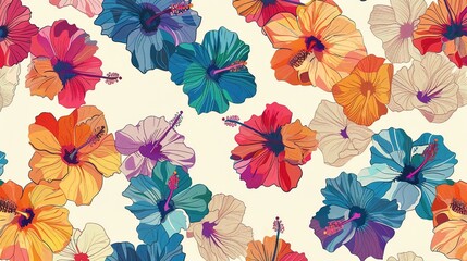 abstract multicolor a solid hibiscus blooming flowers motif arrangement with medium tone, all over vector design with cream background illustration digital image for wrapping paper or textile printing