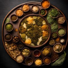 Bitter Gourd Tea leaves arranged in a decorative pattern on a wooden tray, accented by bowls filled with an array of nutritious dry goods, inspiring a balanced meal.