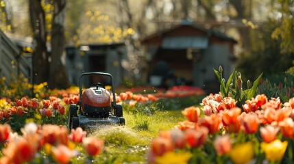 In the backyard, grass is being mowed, tulips are blooming in the front green lawn, and an electric lawnmower is being used - obrazy, fototapety, plakaty
