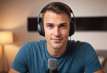 A man records a podcast at home, speaking into a microphone with headphones on.