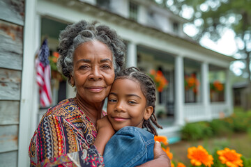 African American Grandma and Granddaughter Hugging in their Garden with United States Flag in Background Celebrating Independence Day on July 4th - obrazy, fototapety, plakaty