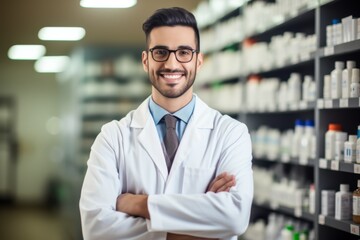 Fototapeta na wymiar Confident young pharmacist with a friendly smile in a modern pharmacy, providing professional healthcare services, copy space Concept: healthcare, professionalism, customer service, friendliness