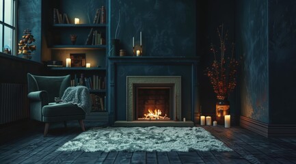 Dark room with fireplace, dark blue walls and black floor, white carpet on the ground, and cozy...