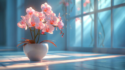   White vase with pink flowers on tiled floor beneath blue curtain window