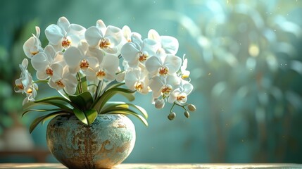   A vase filled with white flowers sits atop a table next to a vase holding green and white blooms - obrazy, fototapety, plakaty