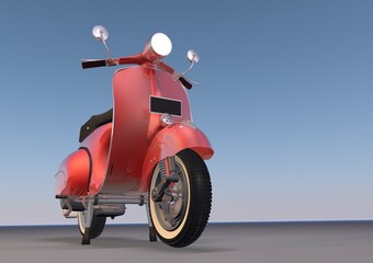 Old red scooter seen from the front side looking down, 3D rendering.