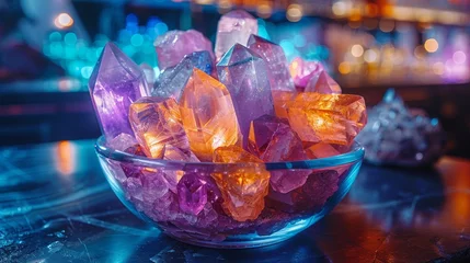Foto op Plexiglas   A glass bowl brimming with vibrant purple and orange crystals resting on a wooden table against a hazy backdrop © Shanti