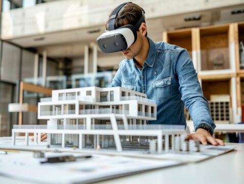 Man architect using virtual reality to explore a 3D model of a modern building design, copy space
construction planning, virtual modeling, architectural innovation, professional expertise