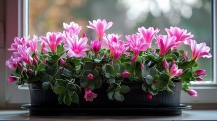 A Thanksgiving cactus (Schlumbergera truncata) or crab cactus plant on a window sill blooms in winter