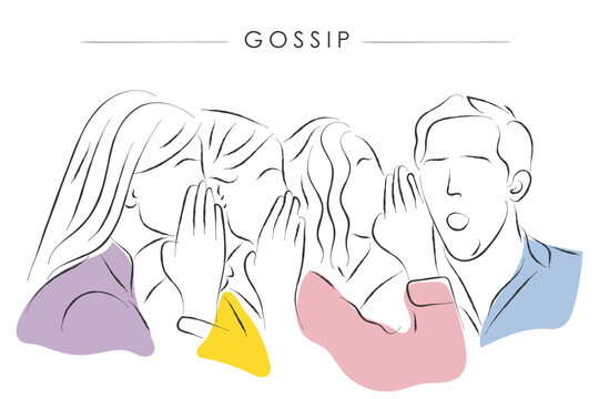 Hand drawn line art vector of people gossiping. Badmouthing and backiting someone. Dont gossip. Gossiping and rumors in corporate sector.