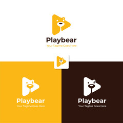 Bear logo design with a play icon in a unique and creative style, suitable for your business