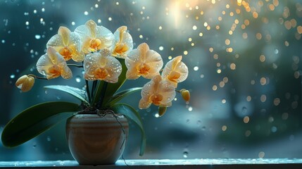 An orchid blooming on a window sill in winter. Use of artificial lighting in caring for houseplants - obrazy, fototapety, plakaty