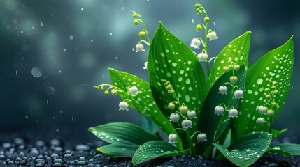 A rainy day blooms May-lily (Convallaria majalis) - obrazy, fototapety, plakaty