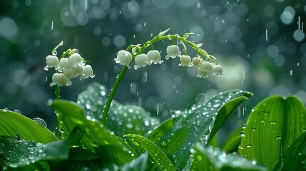 May-lily (Convallaria majalis) blooming on a rainy day - obrazy, fototapety, plakaty