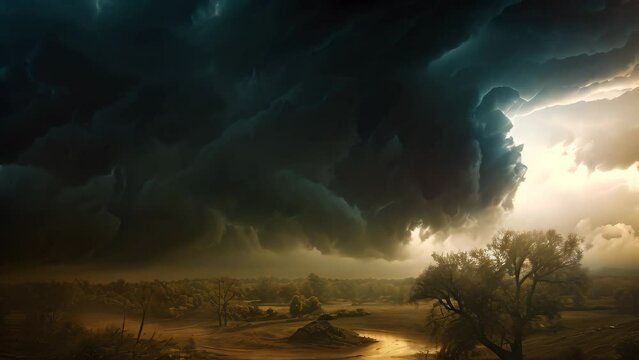 A Painting Depicting a Storm With Lightning in the Sky, Photo illustration of a dramatic storm tornado vortex in nature, AI Generated