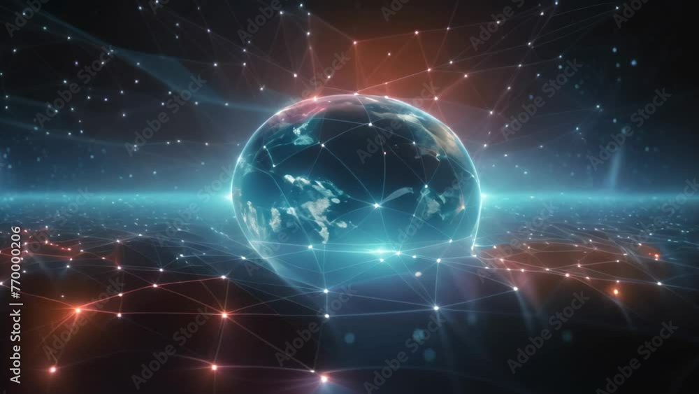 Aufkleber world globe surrounded by lines and dots, global network connection is depicted in a futuristic tech