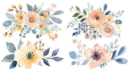 Watercolor bouquet of flowers collection. Gentle roses, peonies, anemone flowers, isolated. ,Generative ai, 