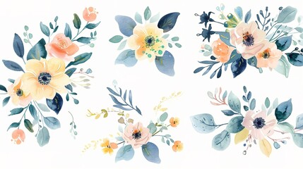 Watercolor bouquet of flowers collection. Gentle roses, peonies, anemone flowers, isolated. ,Generative ai,  - obrazy, fototapety, plakaty