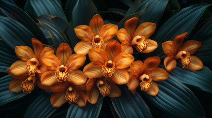 Floral displays in tropical gardens include Cymbidiums or Boat orchids - obrazy, fototapety, plakaty