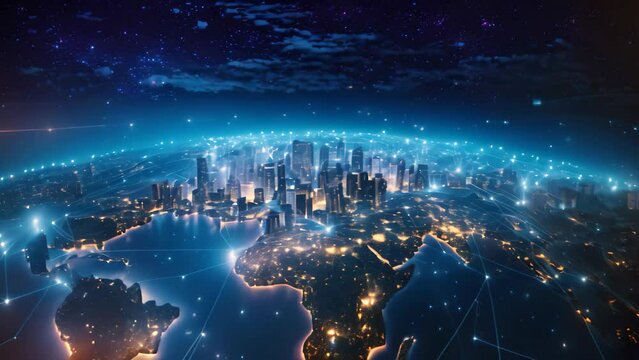 World Map Illuminated With Numerous Lights, Global network connection over the world is portrayed, with elements of the image furnished by NASA, AI Generated