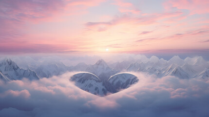A Valentine's Day escapade to the mountains, with clouds forming a heart-shaped halo over the peaks at dusk - obrazy, fototapety, plakaty