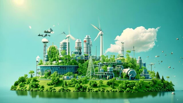 An image of a picturesque small island with a plane flying over it, Green Industry Eco Power Factory, Good environment ozone air low carbon footprint, AI Generated