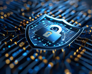 A close up of a padlock symbol with a checkmark morphing into a shield, signifying the transition from basic authentication to advanced cyber defense Space for text or title, copy - obrazy, fototapety, plakaty