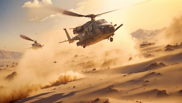 Group of Military Helicopters Flying Over Desert, Helicopter in the desert, 3D render depicting attack helicopters flying in a warzone and shooting, AI Generated