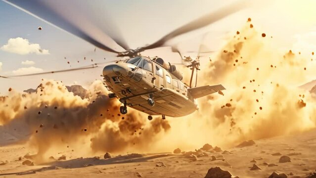 Helicopter Flying Over Desert - Aerial Landscape, Helicopter in the desert, 3D render depicting attack helicopters flying in a warzone and shooting, AI Generated