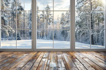 Large window with view of snow covered forest, wooden floor, and winter scene