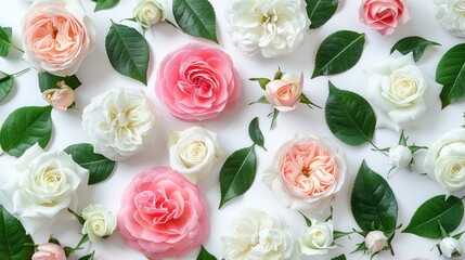 White pink rose flowers green leaves floral flat lay  ,Generative ai, 