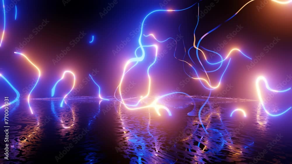 Aufkleber neon design of wall pattern of neon blue red lightning. 4k video with various neon elements and a re