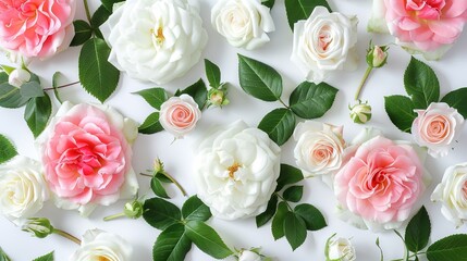 Obraz na płótnie Canvas White pink rose flowers green leaves floral flat lay ,Generative ai, 