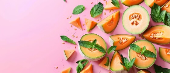 Fototapeta na wymiar Group of sliced melons on a pink background with mint leaves and melon slices on the side
