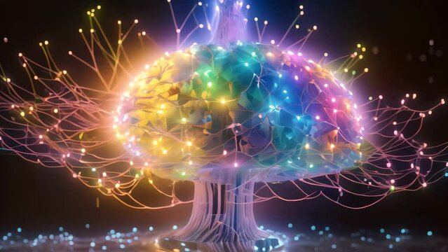 Colorful Light-Up Brain Model on Black Background, Holographic representation of the future human brain connecting with multicolor neurolinks pathway, AI Generated