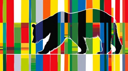   A bear standing in front of a striped multicolored background