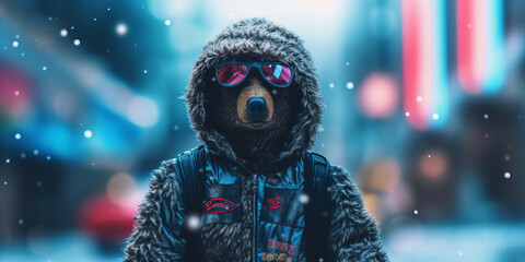 Stylish Winter Bear in Sunglasses Enjoying Snowfall City Vibes Banner