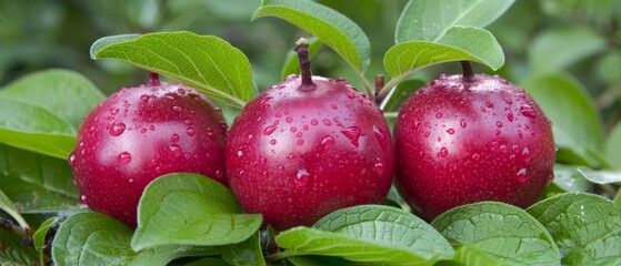   Three apples with water droplets on them are sitting on a tree branch with leaves and water droplets