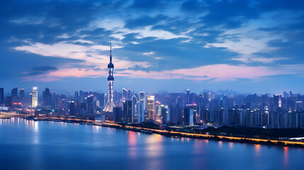 Fototapeta na wymiar Splendid Evening Silhouette of Guangzhou (GZ) City Skyline Including the Iconic Canton Tower