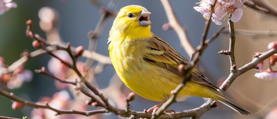   A yellow bird perched on a tree's branch, surrounded by pink blooms in the foreground, against a backdrop of azure sky